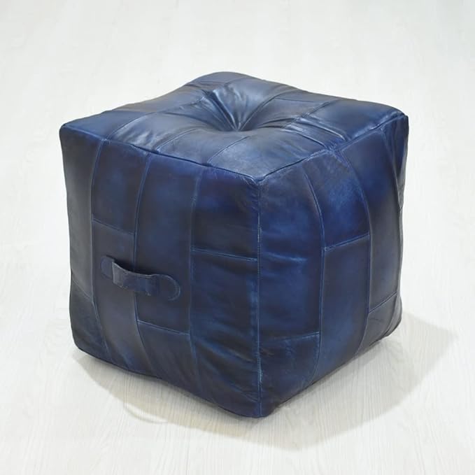 Handmade Eco-Friendly Geometric Leather Pouf Vintage Blue Color Square 16" x 16" x 16" Buffalo Leather Pouf for Living Room, Bedroom Seating, Patio