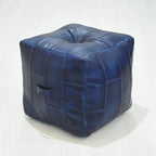 Handmade Eco-Friendly Geometric Leather Pouf Vintage Blue Color Square 16" x 16" x 16" Buffalo Leather Pouf for Living Room, Bedroom Seating, Patio