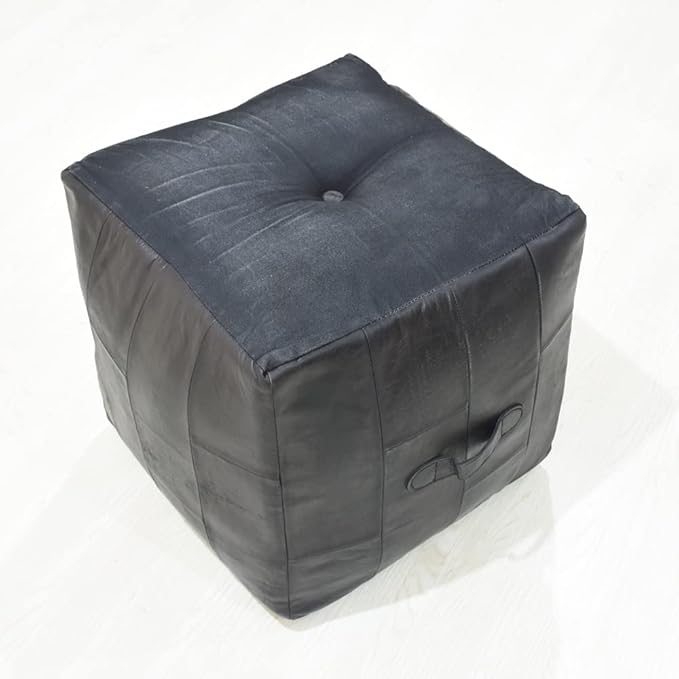 Handmade Eco-Friendly Geometric Leather Pouf Black Color Square 14" x 14" x 14" Buffalo Leather Pouf for Living Room, Bedroom Seating, Patio