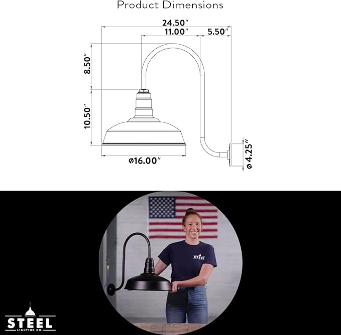 Steel Lighting Co. Gardena Barn Light | Outdoor Wall Mounted | 16" Dome | 23" Gooseneck | Farmhouse Light Made in America | Modern Gray Exterior/Brass Interior