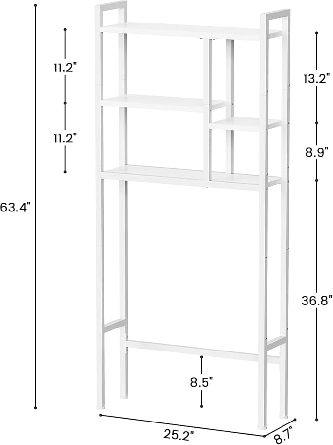 Over The Toilet Storage Rack, 3-Tier Bathroom Organizer Over Toilet, Wooden Above Toilet Storage Shelf, Space Saver, Freestanding BathroomStorage Metal Shelf, Easy to Assemble, White