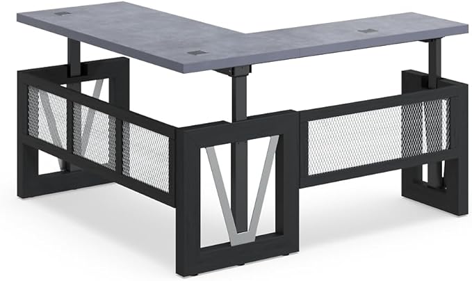 NBF District Reversible L-Shaped Executive Office Desk with Height Adjustable - Durable Laminate Computer Desk with Modesty Panel - Modern Desk with 3 Grommet Holes - Office Work Desk (Black, Gray)