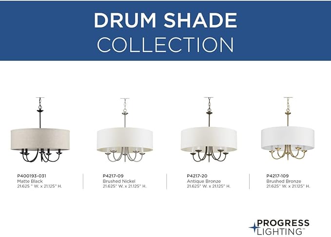 Progress Lighting Drum Shade Collection Five-Light Chandelier, Farmhouse Style Hanging Ceiling Light Fixture for Dining Rooms, Foyers, White Textured Linen Shade, Brushed Nickel