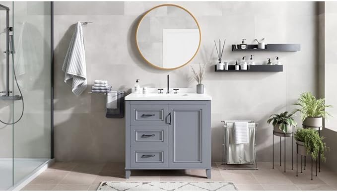 Hanover Ambridge 36'' Vanity Cabinet with Sink Combo for Bathroom, Powder Room | Pre-Assembled Cabinet | 1 Door, 3 Drawers | Artificial Stone Countertop, Gray Cabinet