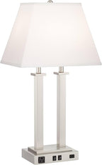 Possini Euro Design Amity Modern Table Lamp 26" High with USB and AC Power Outlet in Base Brushed Nickel White Linen Hardback Shade for Bedroom Living Room House Home Desk Bedside Nightstand Office