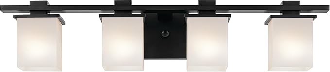KICHLER Tully 32" 4-Light Vanity Light with Satin Etched Cased Opal Glass in Black for Over a Vanity, Soft Modern Style, (32" x 6.5" x 7"), 45152BK