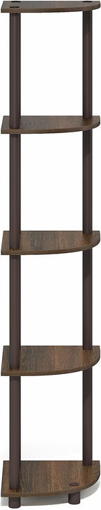 Furinno Turn-N-Tube Corner Shelf, 5-Tier Corner Bookshelf, Open Storage Shelves, for Organization and Storage, Living Room, Home Office, Garage, Bedroom, Black Walnut