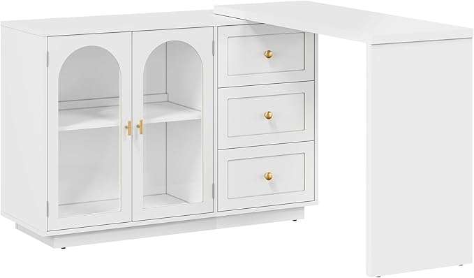 RoyalCraft L Shaped Home Office Desk, Large Extendable and Rotatable Desk with 3 Drawers and 2 Doors, Corner Computer Desk, Modern Study Writing Table for Bedroom, Home Office, White