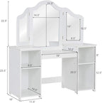 GOFLAME Kids Vanity Table, 2 in 1 Detachable Design with Dressing Table and Writing Desk, Princess Style, White MDF and Plastic Mirror, 42"×16"×46" (L×W×H), 2 Oversized Shelves, 3-Panel Mirror