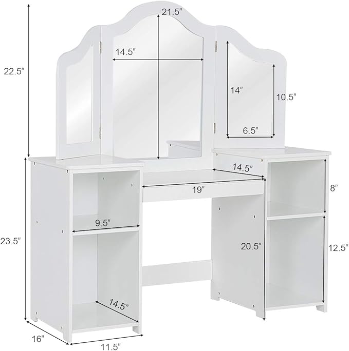GOFLAME Kids Vanity Table, 2 in 1 Detachable Design with Dressing Table and Writing Desk, Princess Style, White MDF and Plastic Mirror, 42"×16"×46" (L×W×H), 2 Oversized Shelves, 3-Panel Mirror