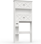 Over The Toilet Storage Cabinet, Farmhouse Storage Cabinet Over Toilet with 4 Barn Doors & Toilet Paper Holder Stand, White Toilet Shelf Home Space Saver for Restroom, Bathroom, Laundry