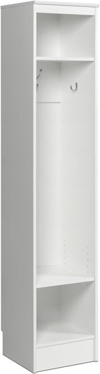 Prepac Narrow Coat Rack Freestanding Hall Tree with 3 Hooks, Entryway Furniture for Coat and Shoe Storage, Entryway Organization with an Adjustable Shelf, 14.75"W x 72.5"H x 15.5"D, White
