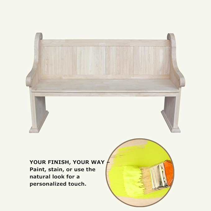 IC International Concepts, Sanctuary Bench, Solid Real Wood, Sturdy Parawood, Entryway/Dining/Living, Spacious Dimensions 58" W x 17.7" D x 18" H, 450 LBS Capacity, Paint/Stain Ready, Unfinished