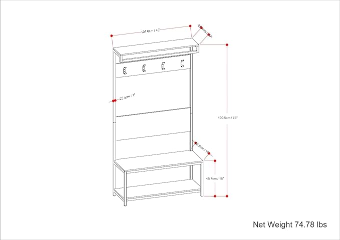 SIMPLIHOME Westmont Hall Tree Bench - 40 inch Wide Solid Mango Wood Entryway Seat in Natural, Industrial Bench for Entryway or Hallway with Metal Frame, Coat Hooks and Open Shelf