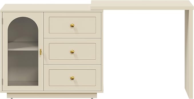 RoyalCraft L Shaped Home Office Desk, Extendable and Rotatable Desk with 3 Drawers and Door, Corner Computer Desk, Modern Study Writing Table for Bedroom, Home Office, Beige