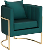 Velvet Modern Accent Chairs Set of 2, Upholstered Barrel Armchair Mid Century with Pillow for Living Room, Comfy Single Vanity Chair with Metal Gold Legs for Bedroom, Green