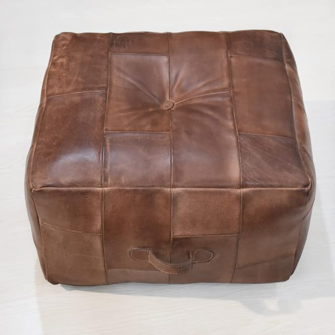 Handmade Eco-Friendly Geometric Leather Pouf Brown Color Square 21" x 21" x 12" Buffalo Leather Pouf for Living Room, Bedroom Seating, Patio