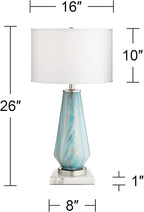 Possini Euro Design Jaime Coastal Table Lamp 26" High with Square White Marble Riser Blue Gray Art Glass White Drum Shade for Bedroom Living Room Nightstand Bedside Night Stand Office Kids Room