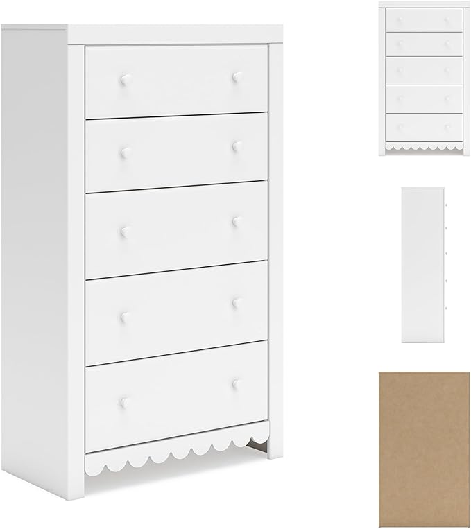 Signature Design by Ashley Mollviney Coastal 5-Drawer Chest of Drawers with Safety Stop and Scalloped Detailing, White