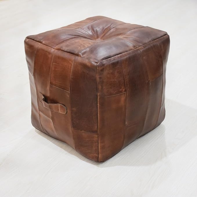 Handmade Eco-Friendly Geometric Leather Pouf Brown Color Square 14" x 14" x 14" Pouf for Living Room, Bedroom Seating, Patio