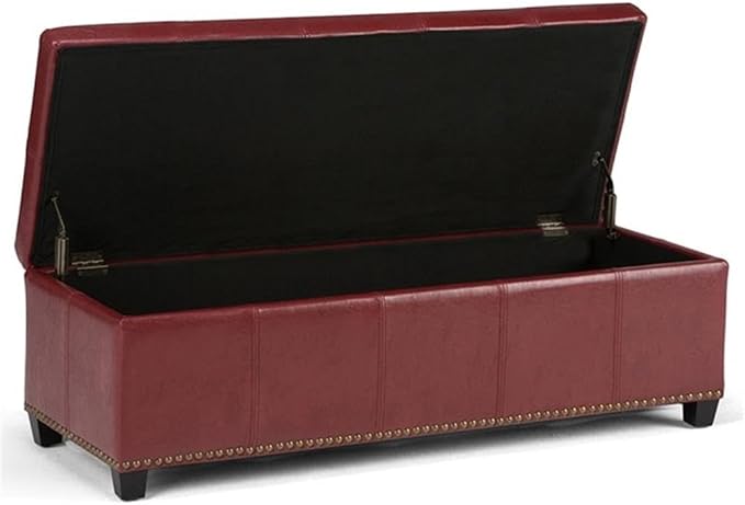 SIMPLIHOME Kingsley 48 inch Wide Transitional Rectangle Large Storage Ottoman in Radicchio Red Vegan Faux Leather, Assembled, For the Living Room, Entryway and Family Room