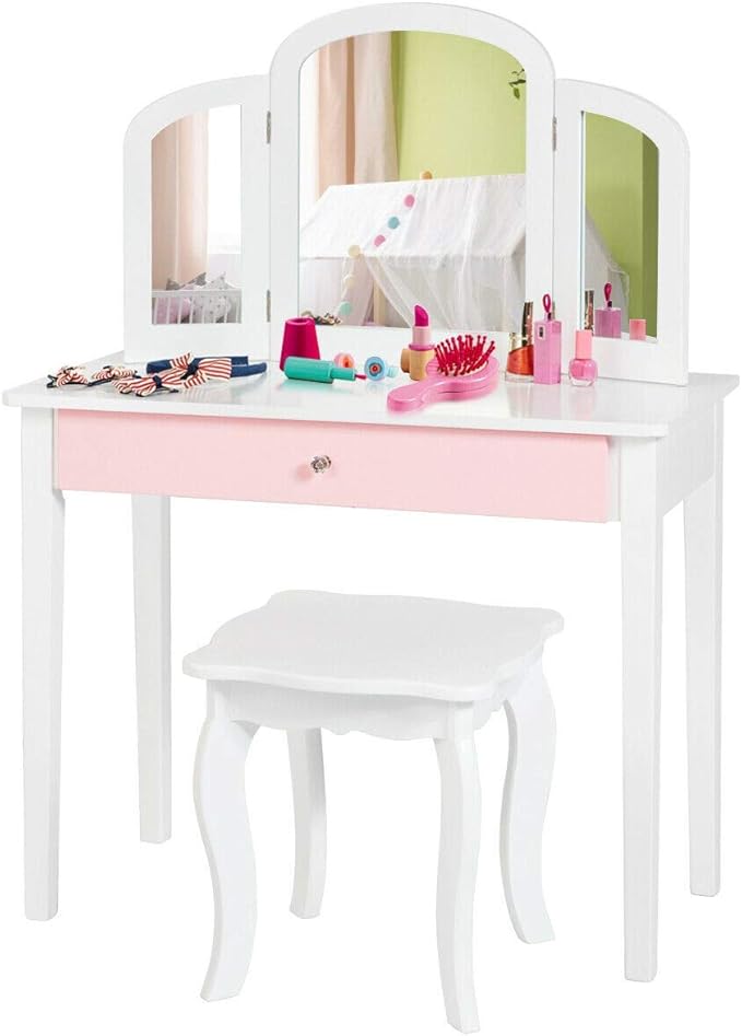 Costzon Kids Vanity, Girls Vanity Set with Tri-Folding Mirror, Stool, Storage Drawer, Princess Toddler Makeup Vanity Desk Dressing Table, Wooden Kids Vanity Table and Chair Set (White)