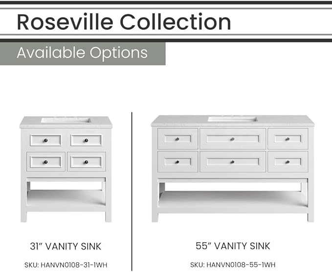 Hanover Roseville 31'' Vanity Cabinet with Sink Combo for Bathroom, Powder Room | Pre-Assembled Cabinet | 2 Drawers, Bottom Shelf | Artificial Stone Countertop | White Cabinet | HANVN0108-31-1WH