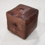 Handmade Eco-Friendly Geometric Leather Pouf Brown Color Square 18" x 18" x 18" Buffalo Leather Pouf for Living Room, Bedroom Seating, Patio