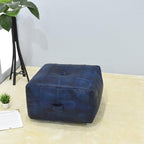 Handmade Eco-Friendly Geometric Leather Pouf Vintage Blue Color Square 21" x 21" x 12" Buffalo Leather Pouf for Living Room, Bedroom Seating, Patio