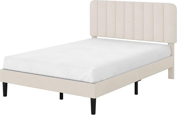 VECELO Queen Size Bed Frame with Upholstered Headboard, Velvet Platform Bedframe Mattress Foundation, Strong Wood Slat Support, No Box Spring Needed,Velvet Beige