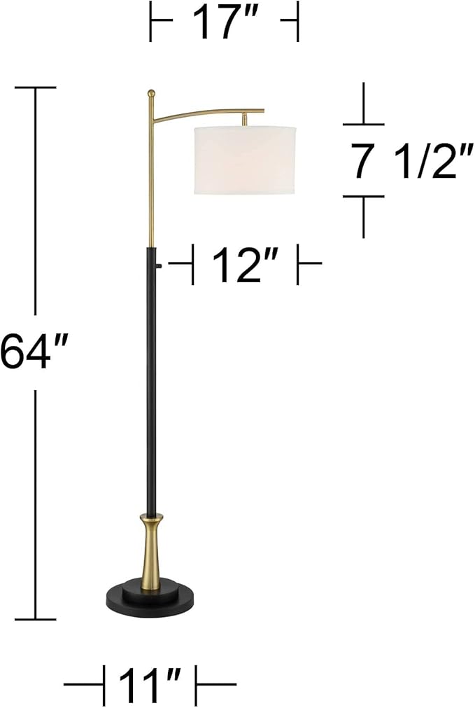 Possini Euro Design Burbank Modern Downbridge Floor Lamp 64" Tall Black Brass Gold Metal Linen Drum Shade for Living Room Reading Bedroom Home Office House