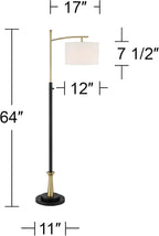 Possini Euro Design Burbank Modern Downbridge Floor Lamp 64" Tall Black Brass Gold Metal Linen Drum Shade for Living Room Reading Bedroom Home Office House