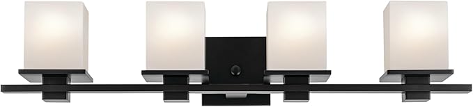 KICHLER Tully 32" 4-Light Vanity Light with Satin Etched Cased Opal Glass in Black for Over a Vanity, Soft Modern Style, (32" x 6.5" x 7"), 45152BK