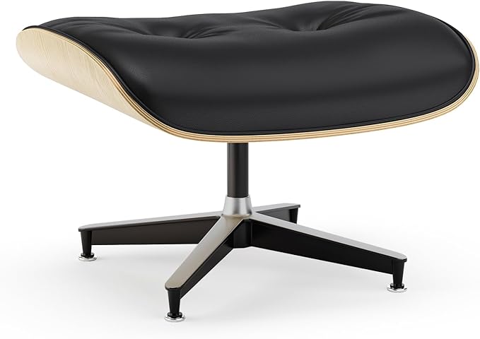 Top Black Grain Leather, Mid Century Chaise Lounge Chair and Ottoman, Modern Chair Classic Design, Ash Wood, Heavy Duty Base Support for Living Room Office