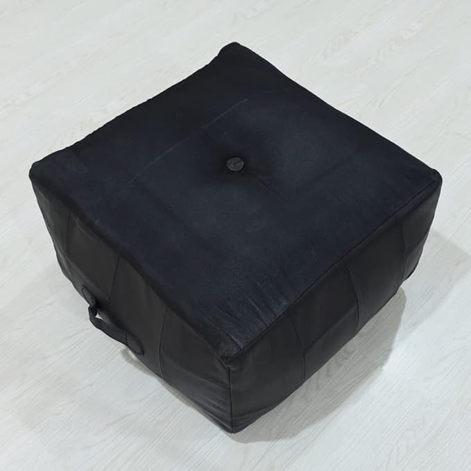 Handmade Eco-Friendly Geometric Leather Pouf Black Color Square 21" x 21" x 12" Buffalo Leather Pouf for Living Room, Bedroom Seating, Patio