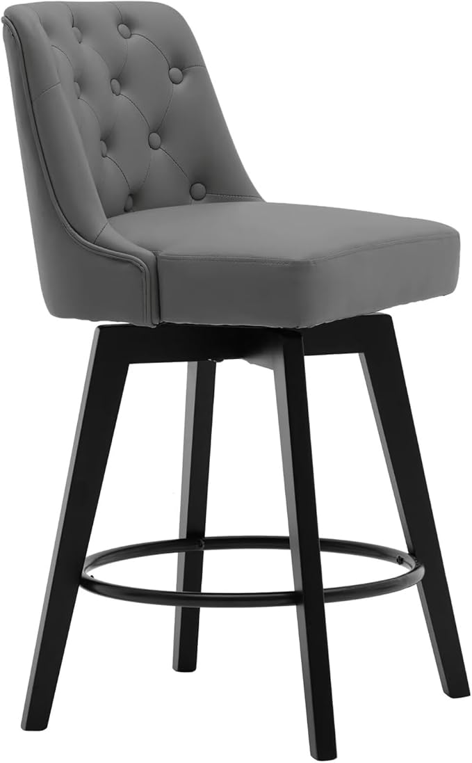 MINCETA Bar Stools Set of 4, PU Leather Barstools, 26 Inch Upholstered Counter Stools with Low Tufted Back and Footrest, Swivel Counter Height Barstools for Kitchen Island Home Bar Dark Gray