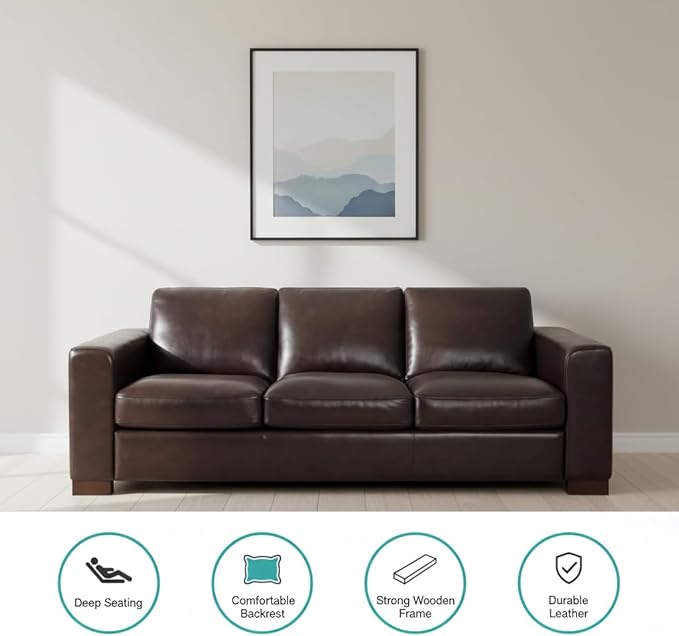 Naomi Home Freya Genuine Leather Sofa - Luxurious Comfort, Goose Feather Cushion Filling, Square Arm Design, Sturdy Block Legs, Elegant Espresso - Ideal for Living Room, Office, or Bedroom