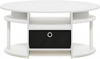 Furinno Jaya Coffee Table, Oval Modern Coffee Table with Shelves and Storage Bin, Side Table, for Living Room, Bedroom, Home Office, White