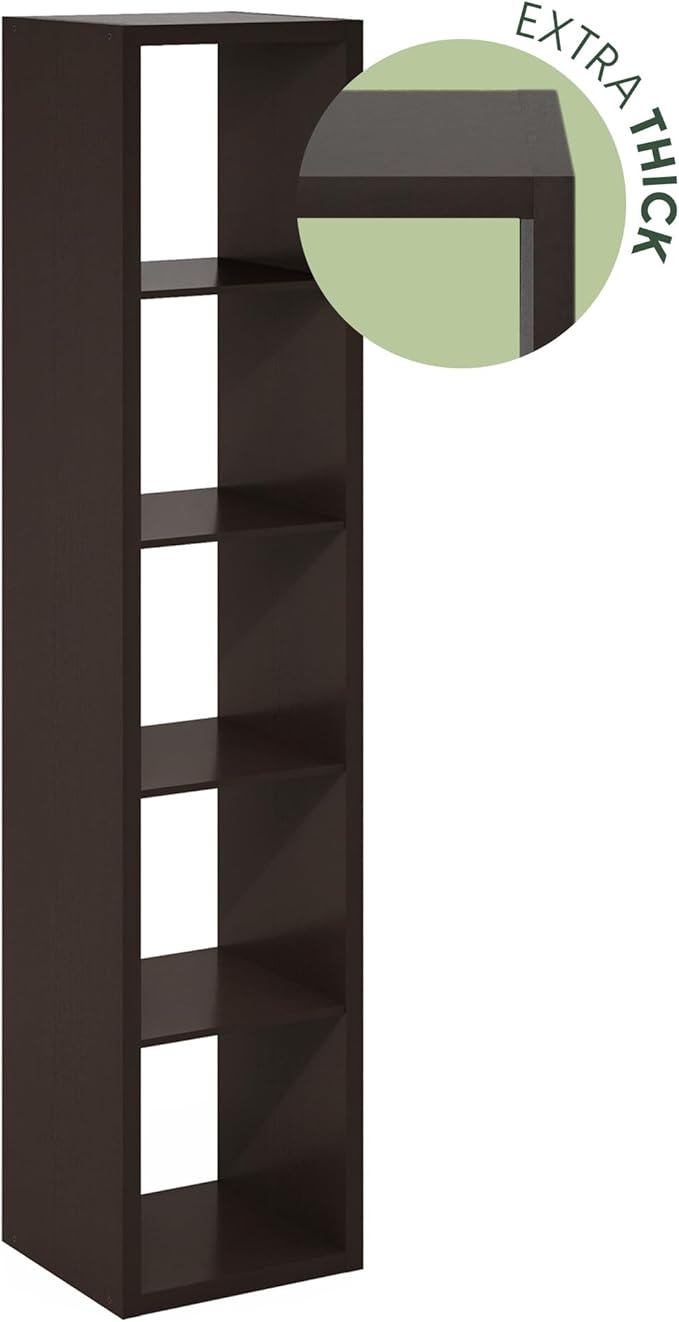 Furinno CUBICLE Book Shelf, 5-Cube Vertical Thick Frame Bookshelf, Horizontally & Vertically Reversible Bookcase with Open Back, 14.6 x 15.9 x 72, for Living Room, Bedroom, Home Office, Black Dark Oak