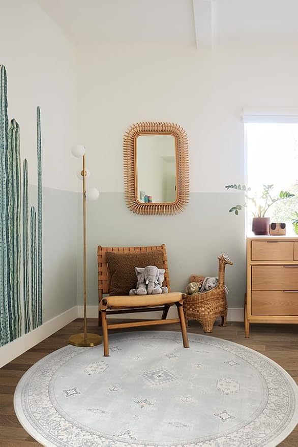 RUGGABLE Washable Vintage Area Rug – Verena Soft Blue 6 ft Round, Stain-Resistant, Non-Slip – Medium Machine Washable Rugs for Living Room, Bedroom, Hallway, Entryway & Office–with Cushioned Pad