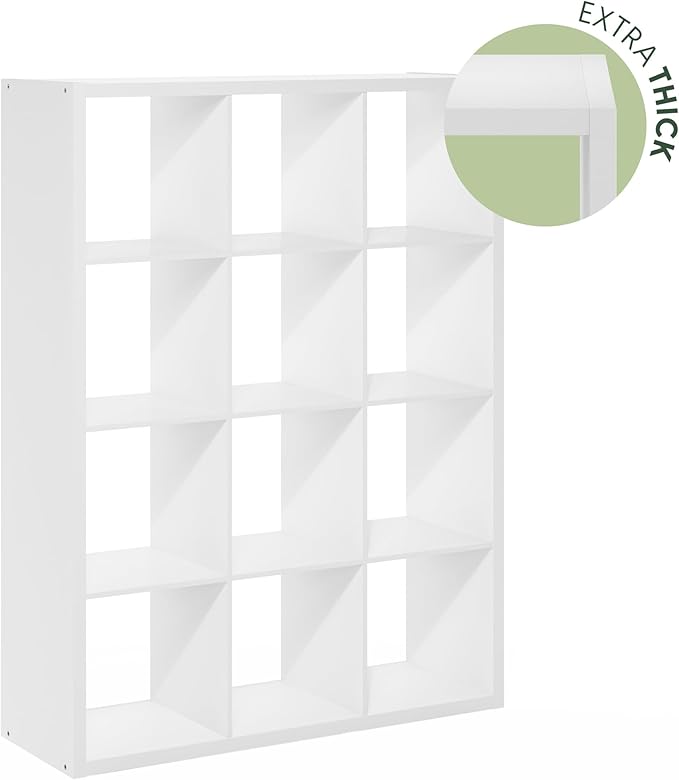 Furinno Cubicle Book Shelf, 12-Cube Thick Frame Bookshelf, Reversible Bookcase with Open Back, 14.6 x 43.8 x 58, for Living Room, Bedroom, Home Office, White