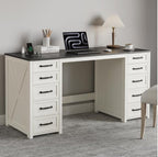 WOPITUES 60" Farmhouse Home Office Desk with 10 Wooden Drawers, Rustic Computer Writing Desk with Power Outlets, Large Executive Desk with Storage Cabinet for Work Study Writing, Black & White