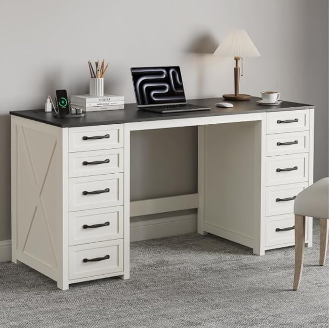 WOPITUES 60" Farmhouse Home Office Desk with 10 Wooden Drawers, Rustic Computer Writing Desk with Power Outlets, Large Executive Desk with Storage Cabinet for Work Study Writing, Black & White
