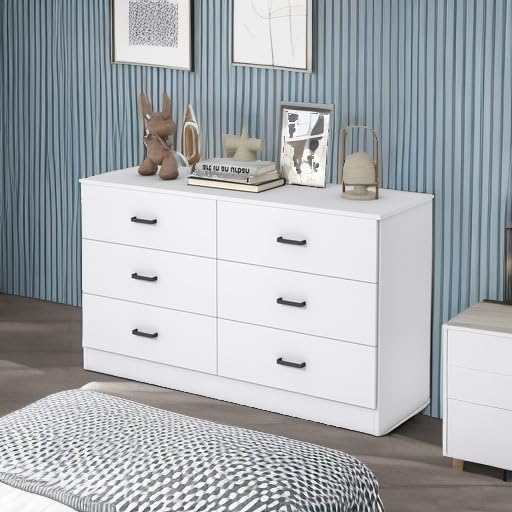 Bigbiglife Wood Dresser for Bedroom, 6 Drawer Double Dresser, Modern Chest of Drawers with Deep Drawers, Large Storage Organizer for Living Room, Closet (White)
