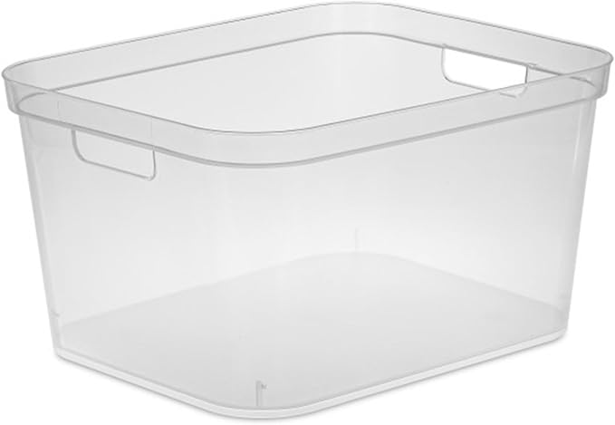 Sterilite 8.25x12.25x15 Inch Modern Polished Storage Bin w/Comfortable Carry Through Handles & Banded Rim for Household Organization, Clear (18 Pack)