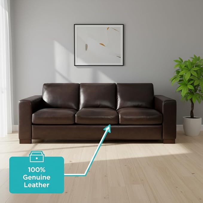 Naomi Home Freya Genuine Leather Sofa - Luxurious Comfort, Goose Feather Cushion Filling, Square Arm Design, Sturdy Block Legs, Elegant Espresso - Ideal for Living Room, Office, or Bedroom