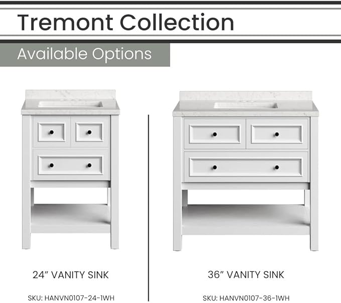 Hanover Tremont 24'' Vanity Cabinet with Sink Combo for Bathroom, Powder Room | Pre-Assembled Cabinet | 1 Drawer, Bottom Shelf | Artificial Stone Countertop | White Cabinet | HANVN0107-24-1WH