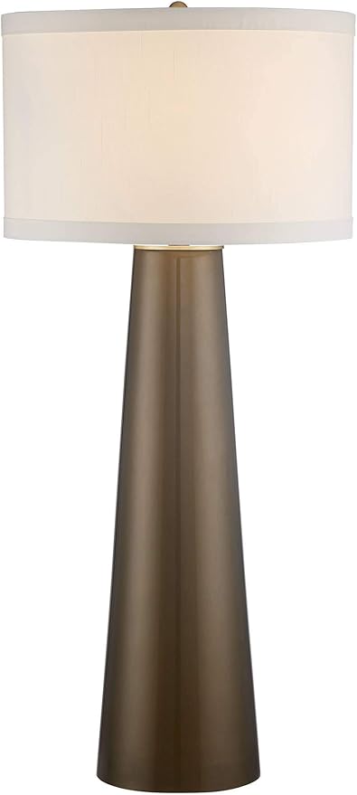 Possini Euro Design Karen Modern Table Lamp 36" Tall with USB Dimmer Dark Gold Glass Column Off White Fabric Drum Shade for Bedroom Living Room House Bedside Nightstand Home Office Entryway Family