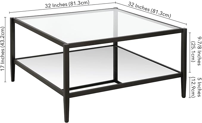 Henn&Hart 32" Wide Square Coffee Table with Mirror Shelf in Blackened Bronze, Modern coffee tables for living room, studio apartment essentials