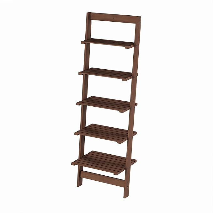 5-Tier Ladder Shelf - 50-Inch Narrow Leaning Bookshelf - Wooden Bookcase for Living Room, Bathroom, Kitchen, Office, or Bedroom Furniture by Lavish Home (Walnut)